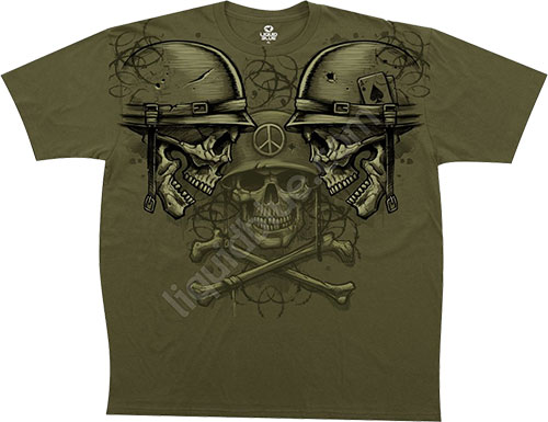  Liquid Blue - Skulls Olive Athletic T - Shirt - War And Peace