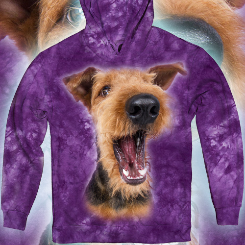 Excited Airedale Terrier в фиолетовом