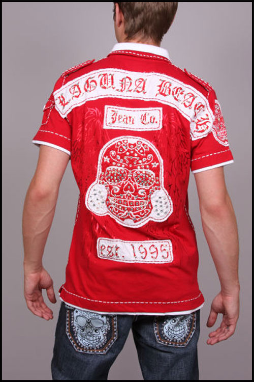 Laguna Beach - Футболка мужская - Mens Sunset Beach Red-White Polo Shirt (с кристаллами)