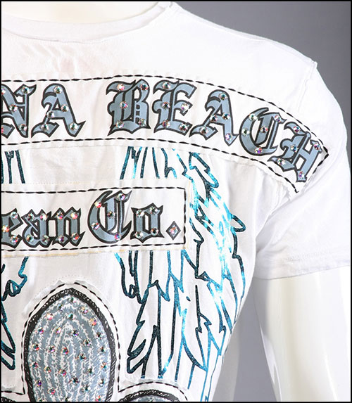Laguna Beach - Футболка мужская - Mens Crystal Cove Beach White T-Shirt Blue Design (с кристаллами)