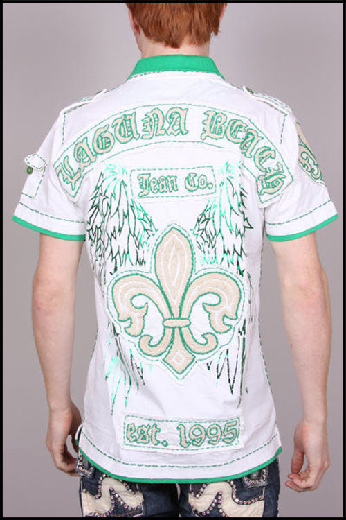 Laguna Beach - Футболка мужская - Mens Crystal Cove White-Green Polo Shirt (с кристаллами)