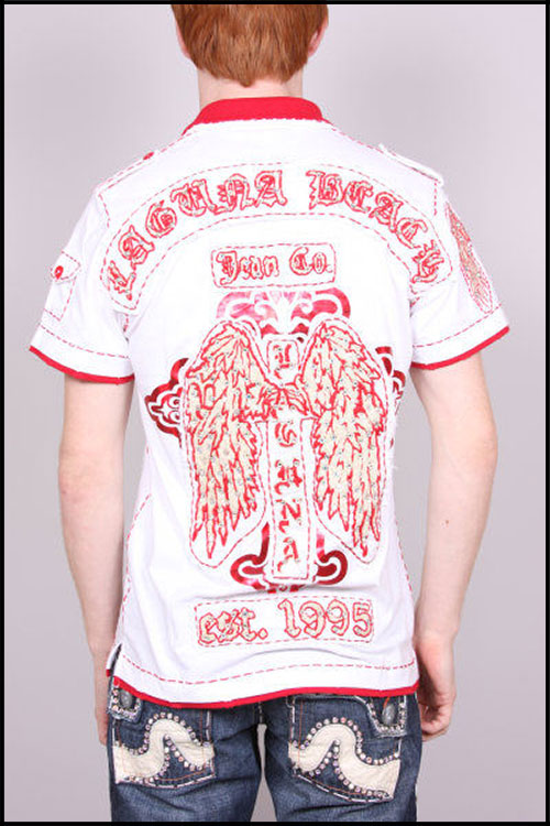 Laguna Beach - Футболка мужская - Mens Long Beach White-Red Polo Shirt (с кристаллами)