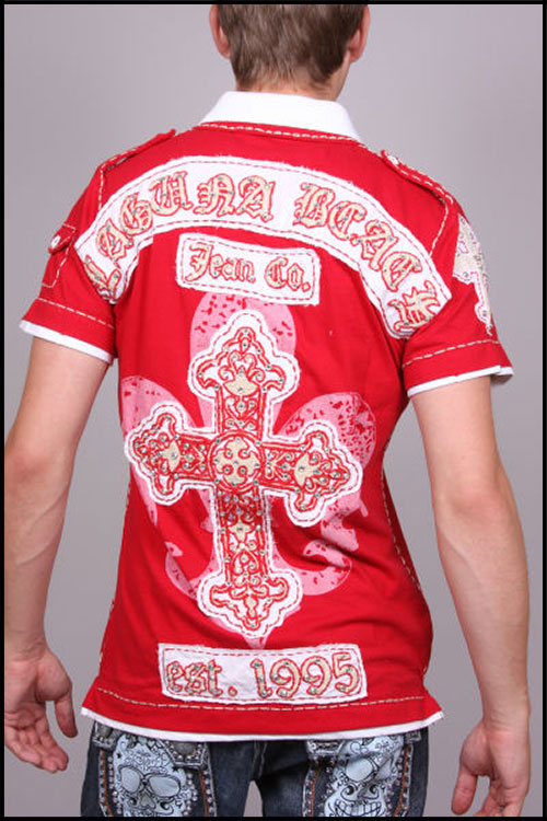 Laguna Beach - Футболка мужская - Mens Newport Beach Red-White Polo Shirt (с кристаллами)