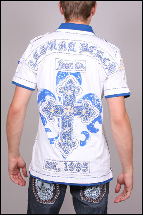 Laguna Beach - Футболка мужская - Mens Newport Beach White-Blue Polo Shirt (с кристаллами)