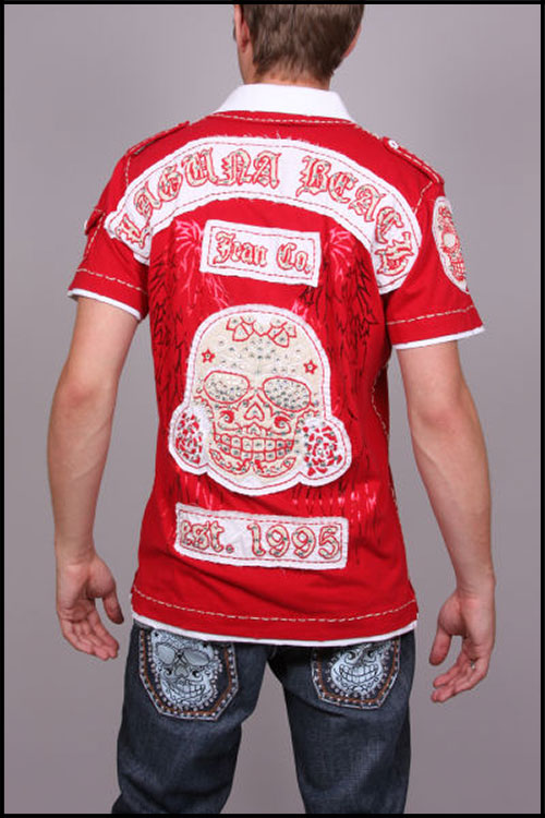 Laguna Beach - Футболка мужская - Mens Sunset Beach Red-Khaki Polo Shirt (с кристаллами)