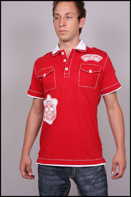 Laguna Beach - Футболка мужская - Mens Sunset Beach Red-White Polo Shirt (с кристаллами)