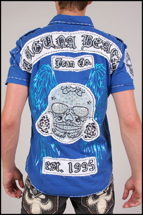 Laguna Beach - Футболка мужская - Mens Sunset Beach Blue Button Down Shirt (с кристаллами)