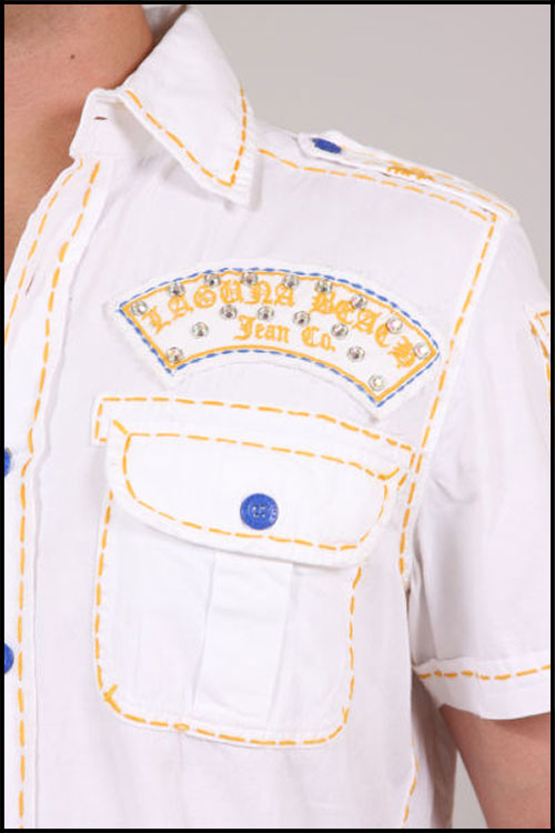 Laguna Beach - Футболка мужская - Mens Sunset Beach White-Blue-Yellow Button Down Shirt (с кристаллами)